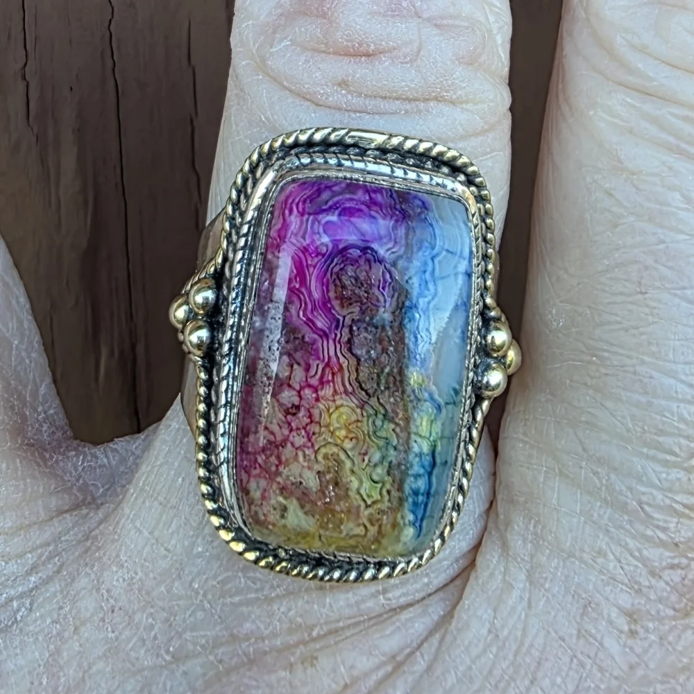 Crazy Lace Gemstone Ring in 925 Sterling Silver w/ Gold Vermeil Accents (7)